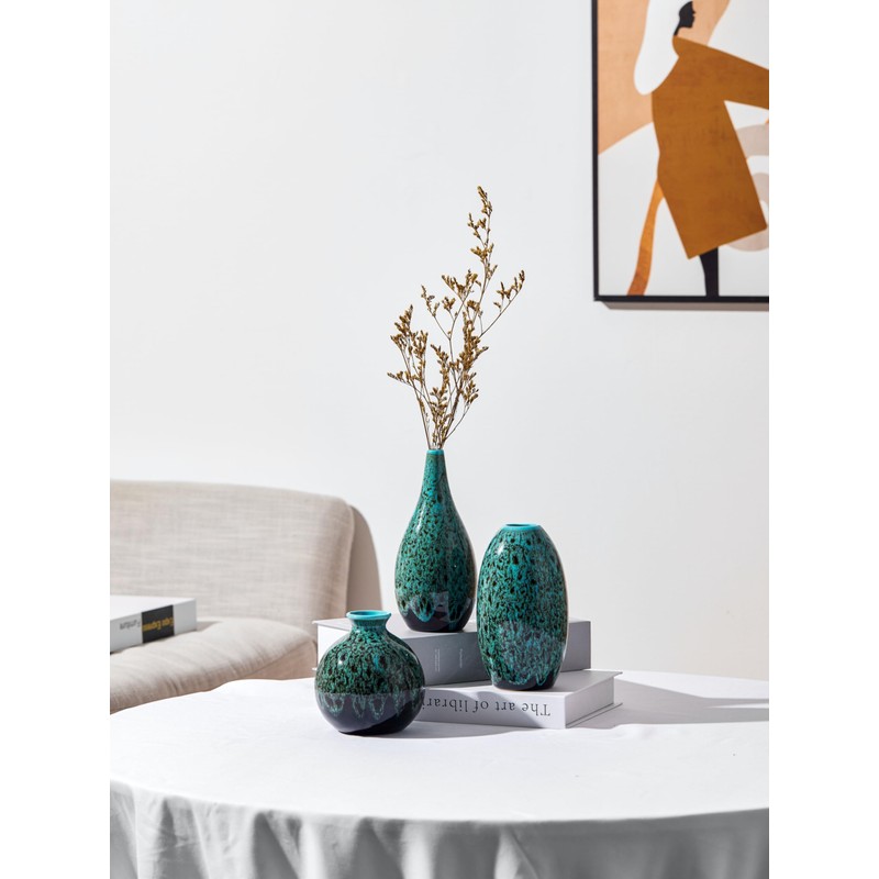 Set of 3, Decorative Ceramic Vases, Turquoise Blue Glazed Finish,