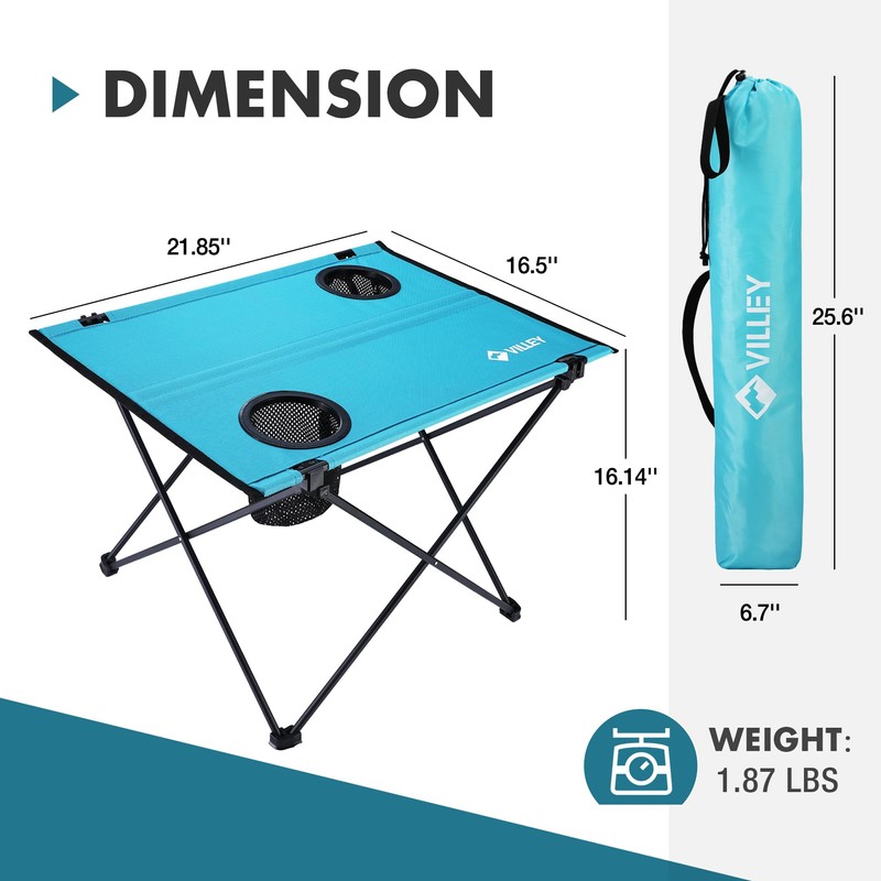 VILLEY Folding Camping Table, Portable Camping Table with 2 Cup