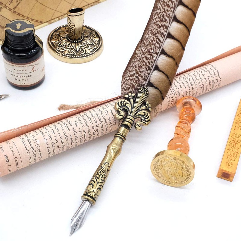 GC QUILL Antique Quill Pen Unique Half-Patterned Feather Pen Set
