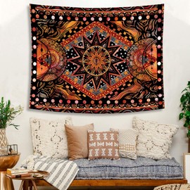Fowocu Orange Sun and Moon Tapestry Wall Hanging, Indie Hippie Mandala Cool Wall Tapestries, Aesthetic Tapestry for Bedroom Living Room Dorm (Orange, 70.8'' × 90.5'')