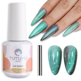 TUTUYU Aurora Green Cat Eye Gel Nail Polish,Iridescent Quicksand Galaxy Holographic Cateye Green Gel Polish with Magnet, Shimmer Velvet Soak Off Uv Led Home Diy Manicure GP0103