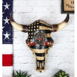 Western Bison Bull Cow Skull With USA Flag Maltese Fire Fighter Cross Wall Decor