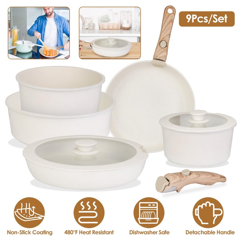 ChefPro 9Pcs Nonstick Aluminum Cookware Set with Detachable Handles
