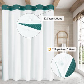 MitoVilla No Hooks Needed Dark Green Waffle Shower Curtain with Snap-in Liner, Modern Waffle Weave Fabric Cloth Shower Curtain for Luxury Neutral Hotel Spa Bathroom Decor, 72 x 74, Seaweed Green
