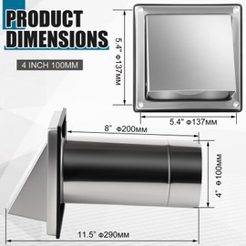 Gisafai 4'' Dryer Vent Cover Outside Walls External Extractor Exhaust Vent Cap with Removable Extension Pipe Stainless Steel Hood Cushioned Non Return Flap with Sealing Gasket Grille Screen(Silver)