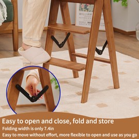 JIKUGO Foldable Step Stool Bamboo,3 Step Ladder with Wide Anti-Slip Pedal,Sturdy Bamboo Ladder,Step Stool for Adults