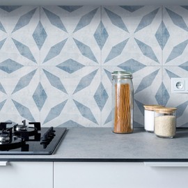 12 Pcs Peal and Stick Frosted Vinyl Wall Tile Transfer Backsplash Sticker, Self-Adhesive Floor Sticker for Kitchen Bathroom, Blue Geometry, 6x6inch (15x15cm)