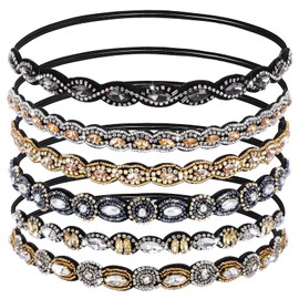 6Pcs Elastic Rhinestone Headbands for Women, Handmade Crystal Beaded Elastic Headband Vintage Jewel Hair Bands Hair Accessories for Women and Girls
