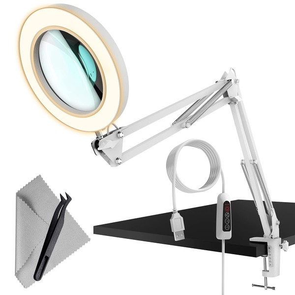 NODOCA Magnifying Glass Stand with Light, Stand Magnifier, Tabletop Light, Equipped with 5x Magnifier, Foldable, Adjustable Angle, 72 LED Lights, 3 Colors, Stepless Dimming, USB Powered, Eye Friendly, Multi-Purpose