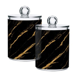 ALAZA 2 Pack Qtip Holder Dispenser for Cotton Ball Black Marble Gold Fluid Print Cotton Swab Cotton Round Pads Clear Plastic Acrylic Jar Set Bathroom Canister