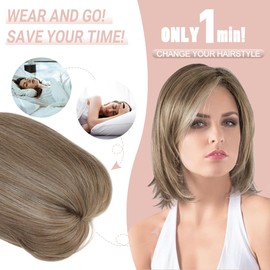 Hair Toppers for Women Adding Hair Volume, Short Bob Hair Topper with 6.5x6.5inch Big Base Clip in Wiglets with Fringe Fiber Hairpieces for Women with Thinning Hair(Ash Light Brown with Highlights)