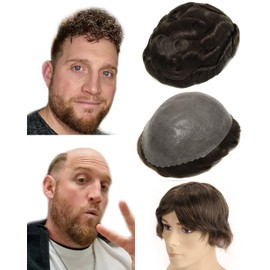 BEEOS 0.10mm Thick PU Skin Toupee Hair for Men, #7 Light Brown Real Human Hair System for Men 8x10 Inch, 130% Medium Density Volume No Shed