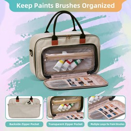 Mecozone Acrylic Paint Organizers Fits up to 54 Bottles 2 oz, Acrylic Paint Carry Case with Shoulder Strap for Art Supply Storage, Beige