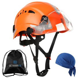 UM ULTRAMAXX Safety Helmet Hard Hat with Visor, Lightweight Vented Work Helmet, 6-Point Adjustable Ratchet Suspension Hardhat for Industrial and Construction (Orange with Clear Visor)