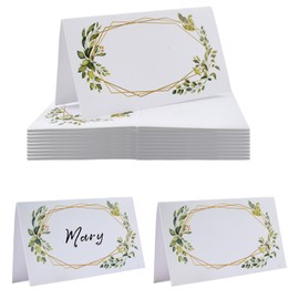 URROMA Seat Folding Card, 100Pcs Green Leaf Gold Frame Seating Place Cards Blank Table Tent Cards for Wedding Banquets Dinner Parties Table Decor