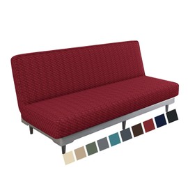 MAXIJIN Jacquard Futon Cover Stretch Armless Futon Sofa Cover Soft Futon Slipcover with Elastic Bottom Thick Sofa Bed Furniture Protector Covers, Machine Washable (Wine Red)