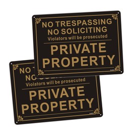 Andchi 2-pack Private Property Sign No Trespassing Sign No Soliciting Warning Sign, Black & Gold Aluminium Metal Sign, Rustproof and Rust Resistant, 25x35cm
