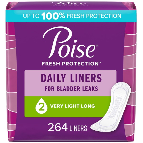 Poise Daily Incontinence Panty Liners, 2 Drop Very Light Absorbency, Long, 264 Count (6 Packs of 44 Pantiliners)
