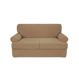 Deeky 3 Pieces Stretch Sofa Covers T Cushion Loveseat Slipcover Soft Fleece Couch Cover Furniture Protector Covers with 2 Individual T Cushion Shape Seat Cover Machine Washable, Loveseat, Camel