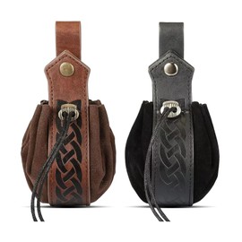 2 Pieces Medieval Faux Leather Pouch Portable Drawstring Wallet Medieval Fanny Pack Vintage Renaissance Fanny Pack Dice Bag for Men Women Clothing Accessories