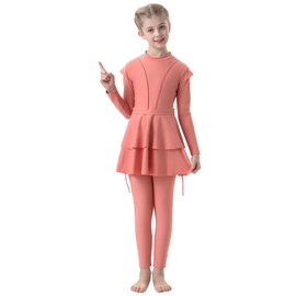 FYMNSI Toddler Baby Girls Swimsuit Modest Muslim Swimwear Islamic Long Sleeve Rash Guard Full Cover Burkini 3 Piece Sets Swim Top + Pants + Cap Kids Sun Protection Bathing Suits for Teens Pink 7-8T