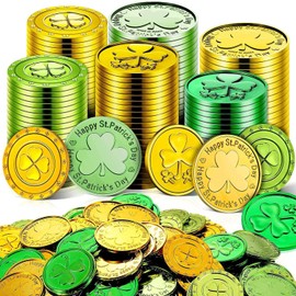 Lippbest St Patrick's Day Gold and Green Lucky Coins - 120 Pcs Plastic Shamrock Leprechaun Coins for Irish Party Table Decorations