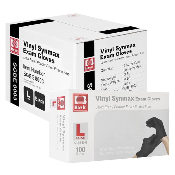 Basic Vinyl Exam Gloves, 4 mil Safty Glove Latex-Free & Powder-Free, SGBE 8003 Synmax Disposable Medical Glove Large (Case of 1000, Black)