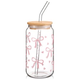Hoolerry Coquette Bow Aesthetic Cup, 16 oz Dainty Glass Cup in Pink with Lid and Straw, Vintage Coquette Aesthetic Drinking Jar for Girls Women Christmas Birthday Party Favors(Bow)