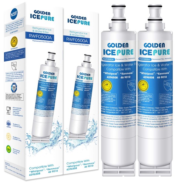 Replacement Fridge Water Filter for Whirlpool SBS002 S20BRS 4396508 481281729632 SBS004 EDR5RXD1 Kenmore 46-9908 46-9908 46-9010 2 Pack by GOLDEN ICEPURE (Invoice Available )