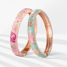UJOY Designer Womens Couple Bangles Golden Flower Enamel Bracelets Jewelry Box for Women Gift 55A35-55A113 Green Pink