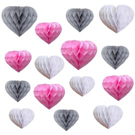 Decorations 15pcs Honeycomb Ball Paper Heart Tissue Paper Hanging Party Decorations for Valentine's Day Engagement Wedding Heart Themed Birthday (White，Grey，Pink)