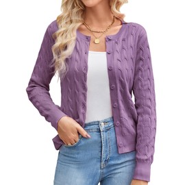 Long Sleeve Cardigan Sweaters for Women Lightweight 2025 Button Up Cable Knit Purple Cropped Cardigan Shrug Sweaters XL