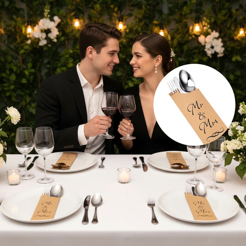 Lemecima 200 Pcs Mr. and Mrs. Paper Silverware Bags Wedding