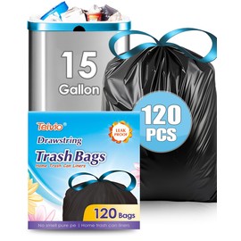 15 Gallon 120 Counts Strong Drawstring Trash Bags Garbage Bags by Teivio, Bathroom Trash Can Bin Liners, Plastic Bags for home office kitchen, Black