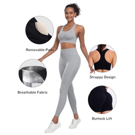 SALSPOR - Conjunto de entrenamiento de 3 piezas para mujer, leggings de levantamiento de glúteos con brasier deportivo de alto impacto, pantalones cortos de gimnasio, Gris,claro, 2XL