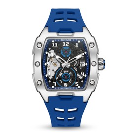 MEGIR Automatic Mechanical Men Watch, Silicone Band, 43x50mm Alloy Case, 3ATM Water Resistant, Luminous Hands, Blue