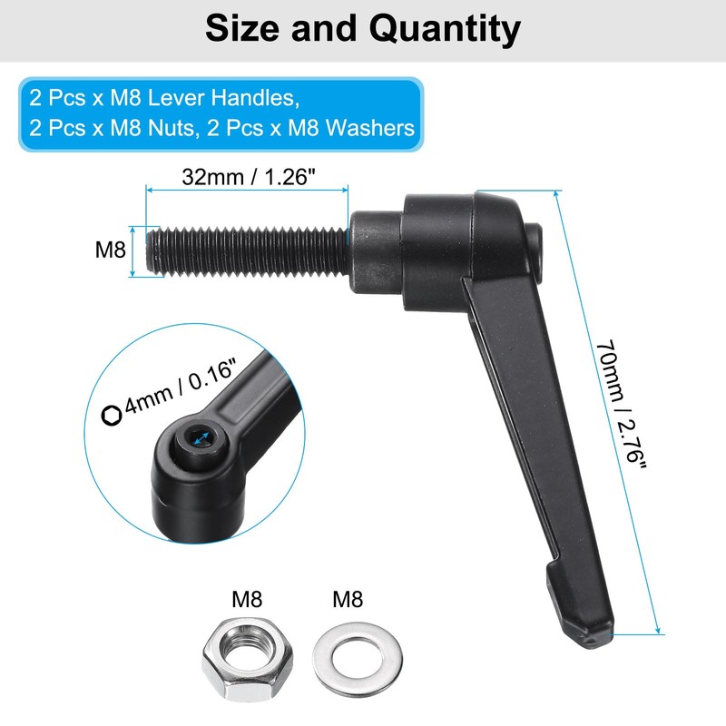 sourcing map 2pcs Lever Adjustable Handles M8 x 32mm Metric