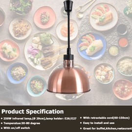 Hanging Food Heat Lamp Infrared Food Warmer Fry Heating Light 250W with Retractable Cord (Dia 29cm(Copper))