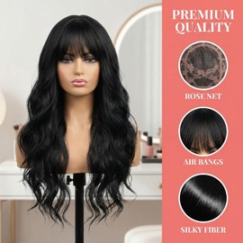 QITAQOTA Black Wig for Women | 26 Inch Body Wave Synthetic Wig | Long Black Wig with Bangs | Natural Wigs for Black Women
