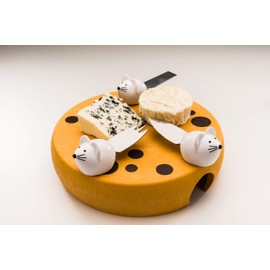 Mobi cheese serving board and tray with cheese motif and mouse handles. Charcuterie board