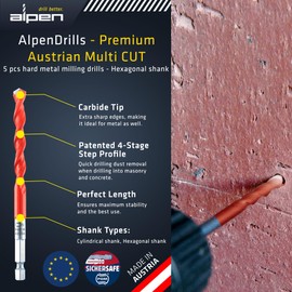 Alpen Multicut Drill Bit 3/8" Drill Bits for Versatile Drilling in Tiles, Masonry, Metal, Wood, and Plastic - Durable Carbide Tip Drill Kit with Hexagonal Shank (Hexagonal, 3/8")