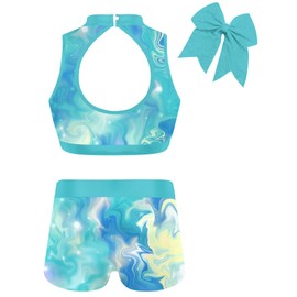 Vogseek Girls Gymnastics Leotards Sparkle 3 Piece Activewear Kids Blue Marble Sleeveless Ballet Dance Athletic Leotards with Short Set School Gymnastic Size 9 10