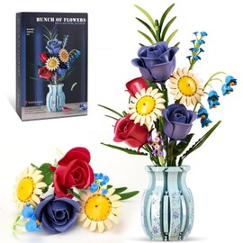 Flowers Bouquet Building Set with Vase, 787 PCS Roses Sunflower Botanical Collection for Home Decor, Unique Mother's Day Valentine's Gifts for Adults Women Girls