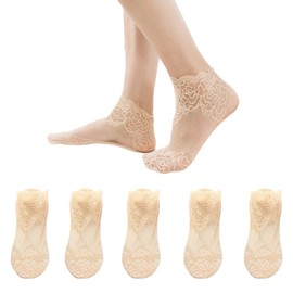 nalaina Women's Lace Socks, Set of 5, See-Through Socks, Sheer, Cotton, Breathable, Sweat Absorbent, Quick Drying, Antibacterial, Odor-Resistant, Anti-Slip, For Work, Cute, Floral Pattern, For Spring