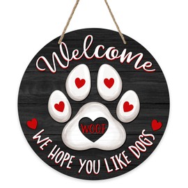 Deroro Welcome We Hope You Like Dogs Front Door Sign, Dog Cat Paw Print Black Farm Wood Door Hanger Outdoor Porch Decor, Woof Farmhouse Wooden Wreath Indoor Wall Hanging Decoration Dog Lover Gifts