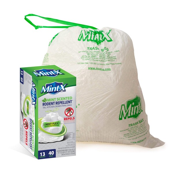 Mint-X MintFlex Rodent Repellent Trash Bags, Tall Kitchen Drawstring Bags, 1 FT 11 ¾ Inches X 2 FT 1 Inch, 0.90 MIL, 13 Gallon, 40 Count