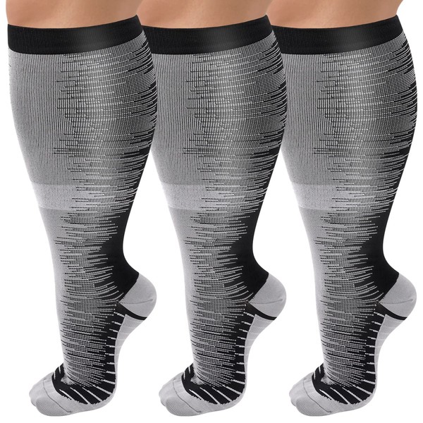 Paquete de 3 calcetines de compresión de pantorrilla ancha para mujeres y hombres, 20-30 mmhg, medias altas hasta la rodilla para apoyo de circulación, color gris, talla 2XL