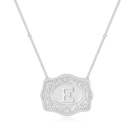 Belt Buckle Necklace With Initial For Women, 18k Gold Plated Mini Embossed Letter Pendant Western Charm Gift Jewelry, Medium, Copper, No Gemstone