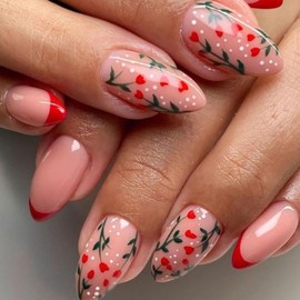 Valentine's Day Press on Nails Medium Almond Red French Tip False Nails with Flowers Designs White Polka Dots Glue on Nails Press ons Nude Fake Nails Valentines Stick on Nails for Girls 24Pcs