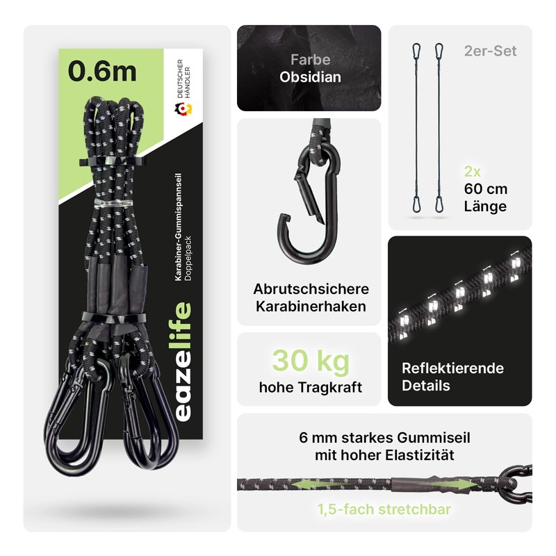 Set of 2 Elastic Straps with Carabiner, 60 cm /
